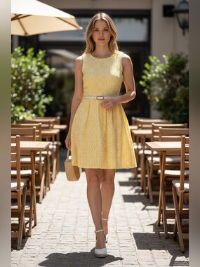 Donna Morgan NWOT Yellow Sleeveless Fit-and-Flare Sleeveless Dress with Belt 16